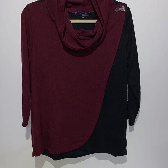 Vintage Rose Women's Maroon and Black Cowl Neck Stretch Knitted Pullover Sweater - Picture 2 of 8